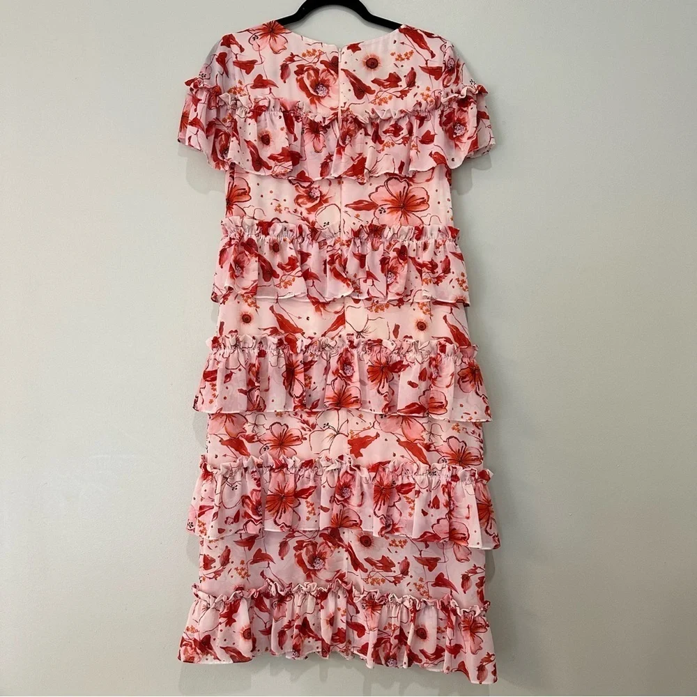 Badgley Mischka Tiered Ruffle Floral Dress Pink Mini Size 10 RTR Designer - Picture 11 of 14